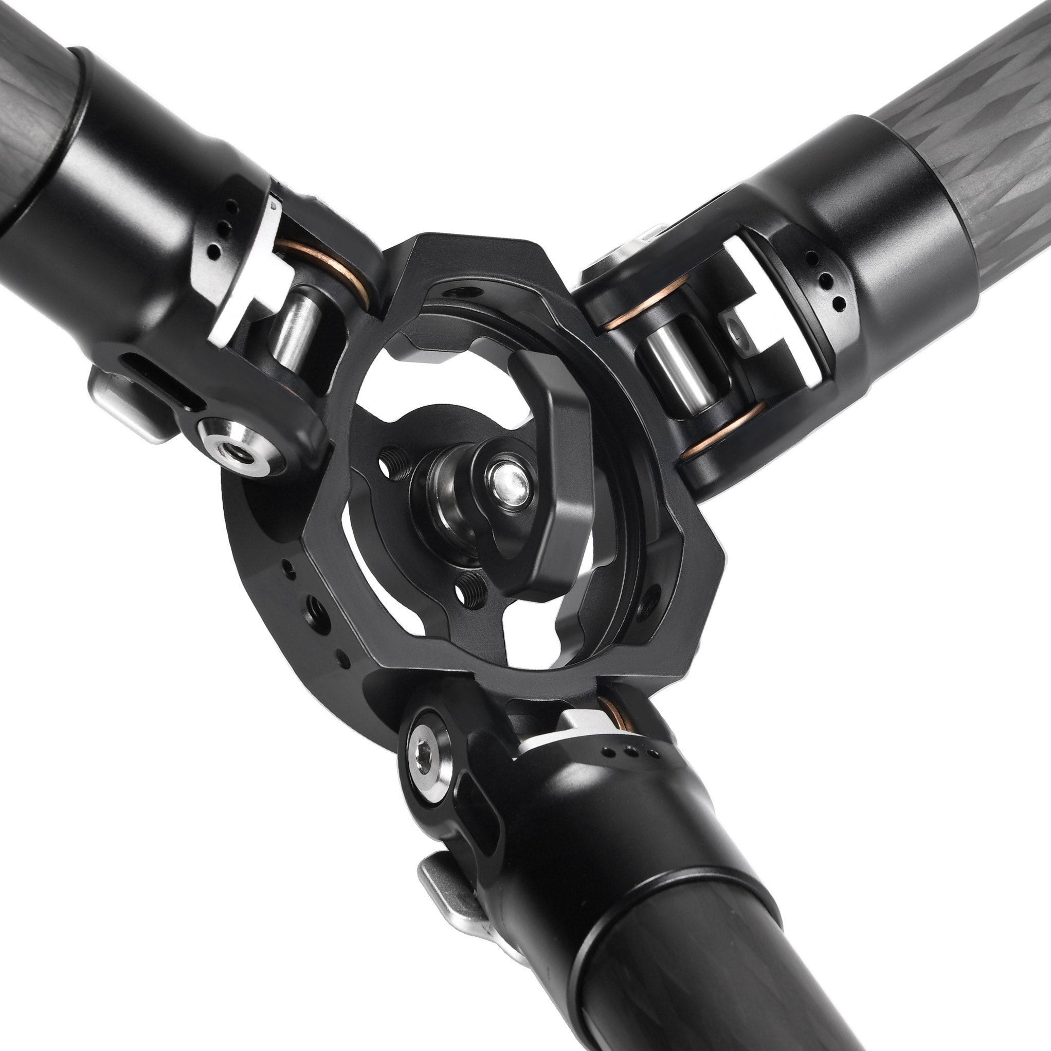 Close-up of the T3240CM tripod apex and carbon fiber leg connections